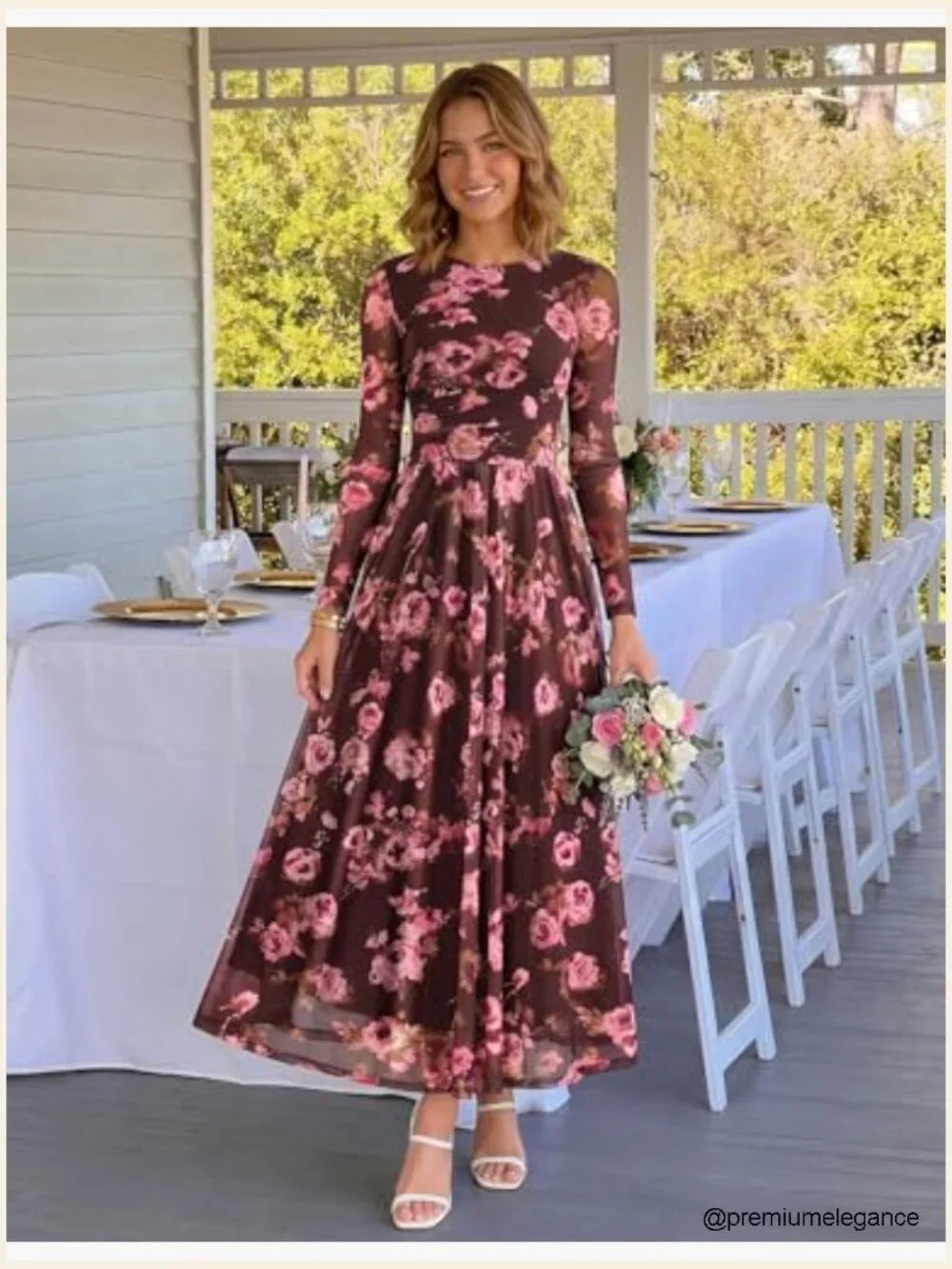 Long Sleeve Crewneck Floral Print Mesh Ruched Maxi Dress - Picture 3 of 7